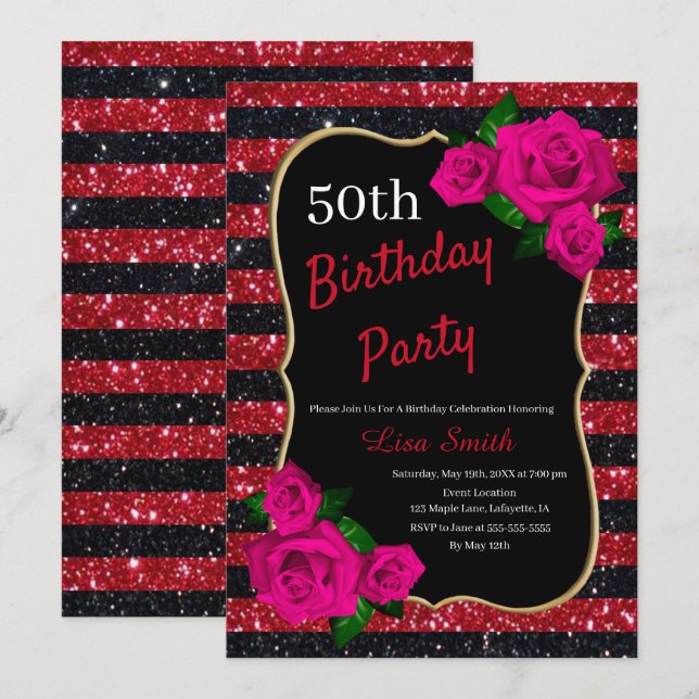 Birthday Red Black Stripes Glitter Pink Roses Invitation (Front/Back)