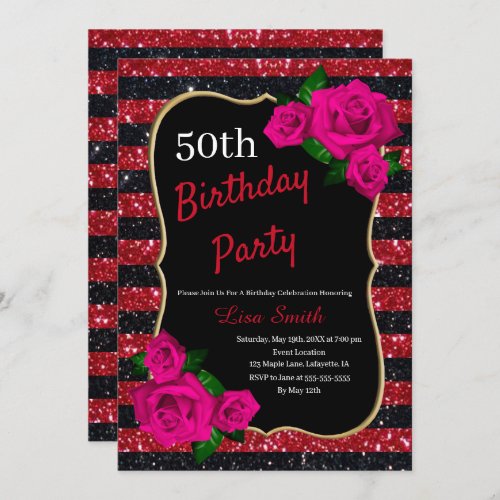 Birthday Red Black Stripes Glitter Pink Roses Invitation