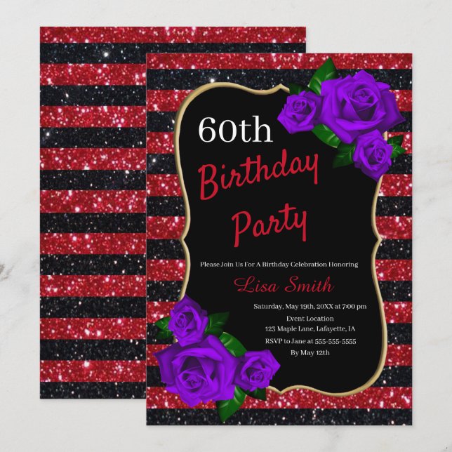 Birthday Red Black Stripes Glitter Purple Roses Invitation (Front/Back)