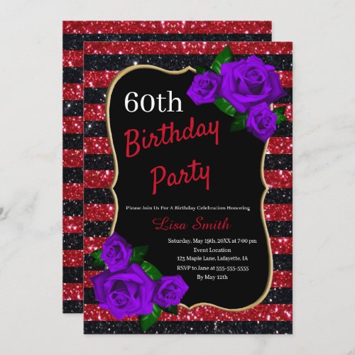 Birthday Red Black Stripes Glitter Purple Roses Invitation