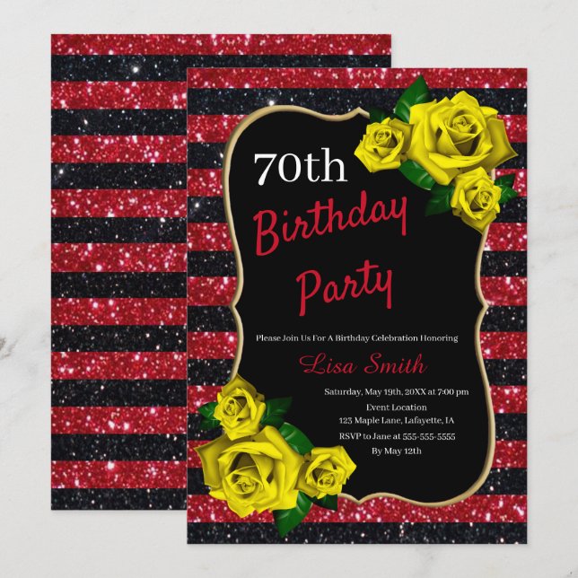 Birthday Red Black Stripes Glitter Yellow Roses Invitation (Front/Back)