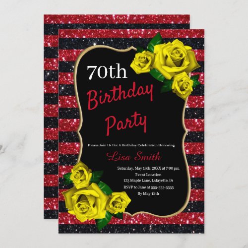 Birthday Red Black Stripes Glitter Yellow Roses Invitation