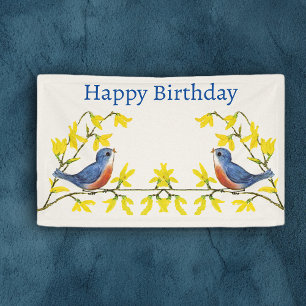 Birthday Red Blue Birds Branches Yellow Flowers Banner