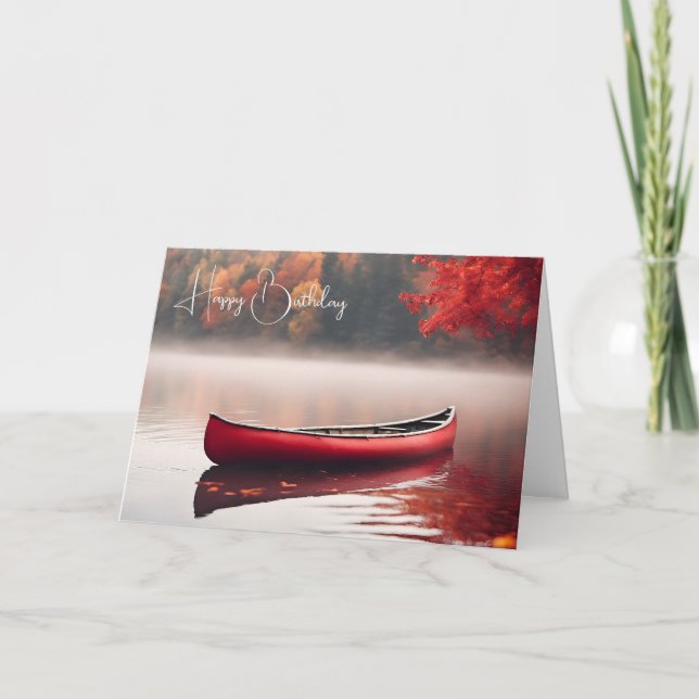 Birthday Red Canoe On Autumn Lake Card (Front)