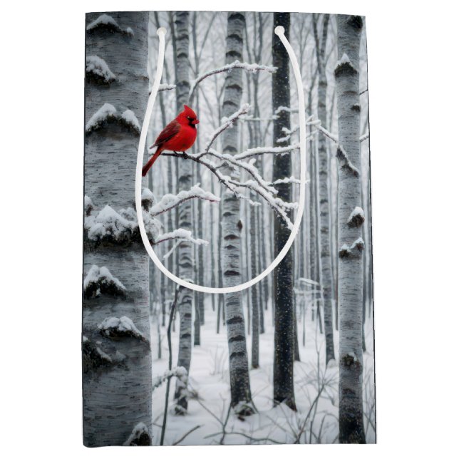 Birthday Red Cardinal In Birch Tree Medium Gift Bag (Front)
