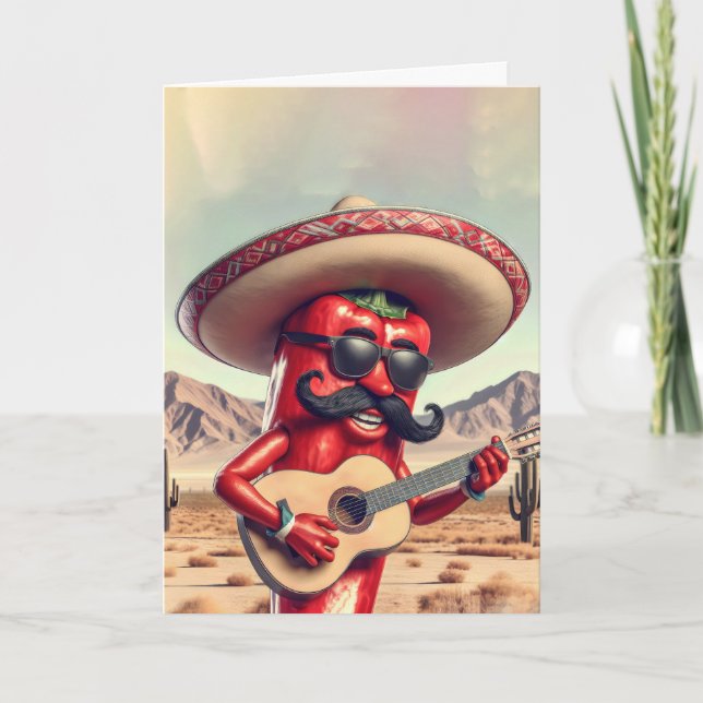 Birthday Red Chili Pepper Guitar Player Card (Front)
