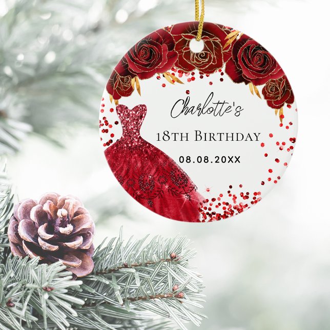 Birthday red dress flowers white ceramic ornament (Creator Uploaded)