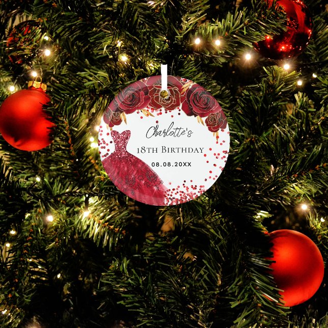 Birthday red dress flowers white glass ornament (Creator Uploaded)