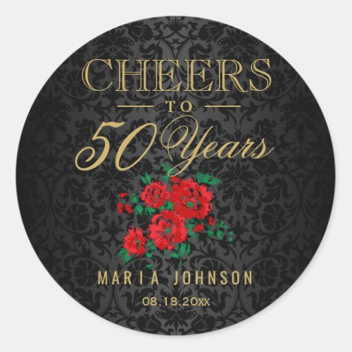 Birthday _ Red Flowers and Black Damask Classic Round Sticker