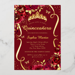 Birthday Red Gold Floral Butterfly Quinceanera Foil Invitation