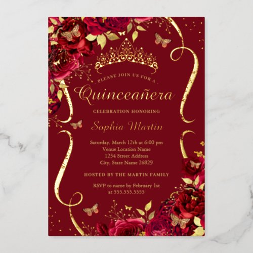 Birthday Red Gold Floral Butterfly Quinceanera Foil Invitation