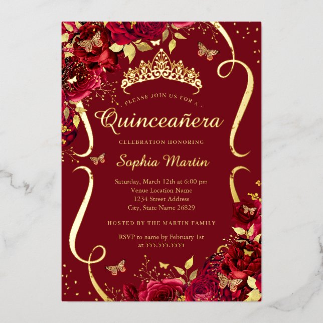 Birthday Red Gold Floral Butterfly Quinceanera Foil Invitation (Front)