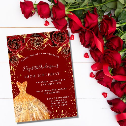 Birthday red gold glitter dress glamorous invitation