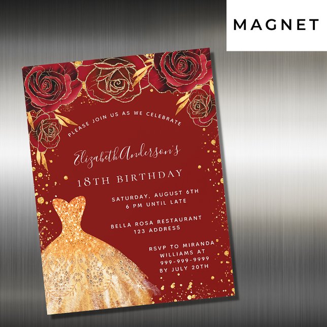 Birthday red gold glitter dress luxury magnetic invitation (Creator Uploaded)