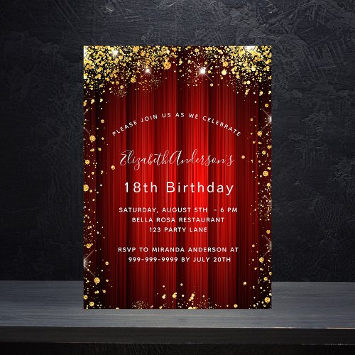 Birthday red gold sparkles movie theater glamorous invitation postcard
