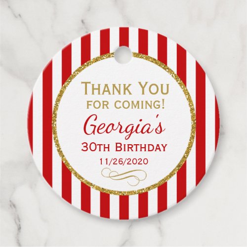 Birthday Red Gold Stripe Thank You Favor Tags