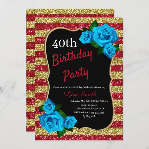Birthday Red Gold Stripes Glitter Blue Roses Invitation