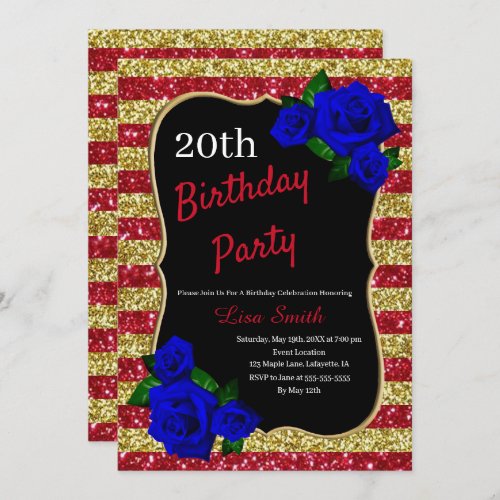 Birthday Red Gold Stripes Glitter Deep Blue Roses Invitation