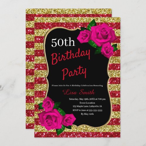Birthday Red Gold Stripes Glitter Pink Roses Invitation