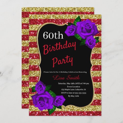 Birthday Red Gold Stripes Glitter Purple Roses Invitation