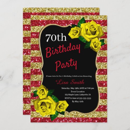 Birthday Red Gold Stripes Glitter Yellow Roses Invitation