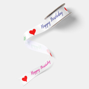Birthday Red Hearts Pink Green Blue 1.5" Satin Ribbon