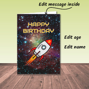 Birthday red rocket custom name and age card