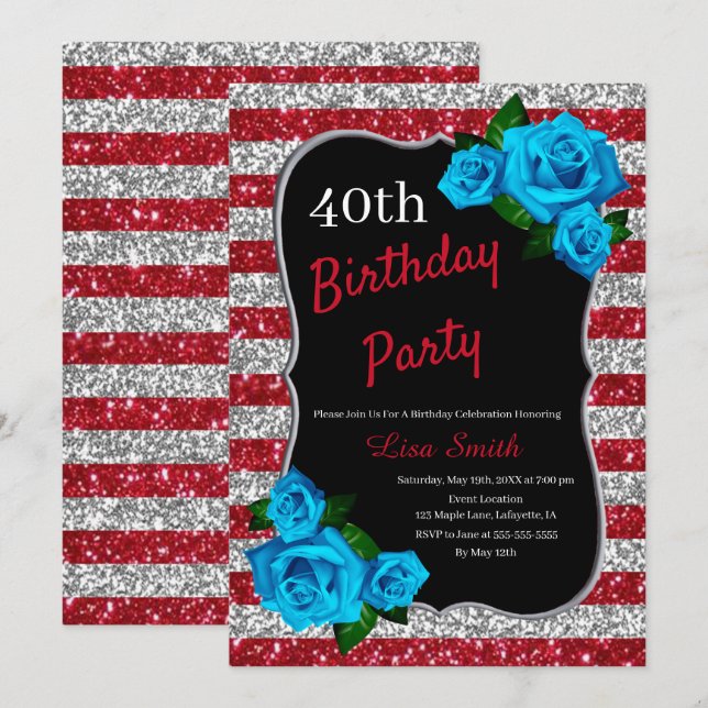 Birthday Red Silver Stripes Glitter Blue Roses Invitation (Front/Back)