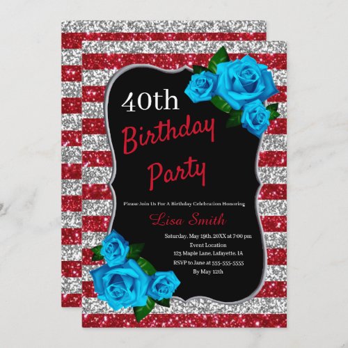 Birthday Red Silver Stripes Glitter Blue Roses Invitation