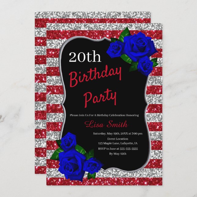 Birthday Red Silver Stripes Glitter Deep Blue Rose Invitation (Front/Back)