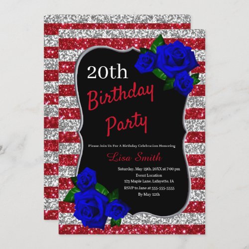 Birthday Red Silver Stripes Glitter Deep Blue Rose Invitation
