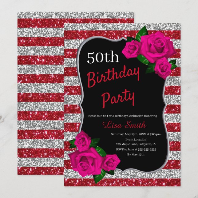 Birthday Red Silver Stripes Glitter Pink Roses Invitation (Front/Back)