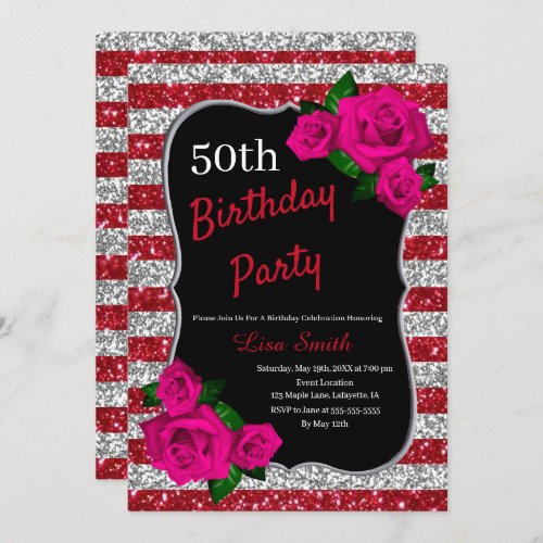 Birthday Red Silver Stripes Glitter Pink Roses Invitation
