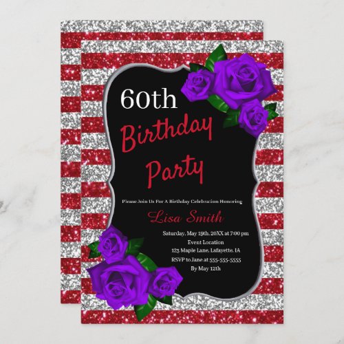 Birthday Red Silver Stripes Glitter Purple Roses Invitation