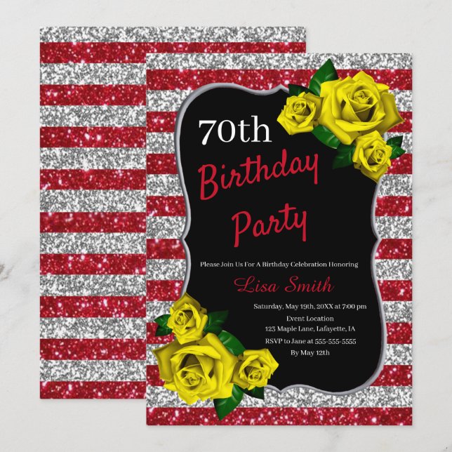 Birthday Red Silver Stripes Glitter Yellow Roses Invitation (Front/Back)