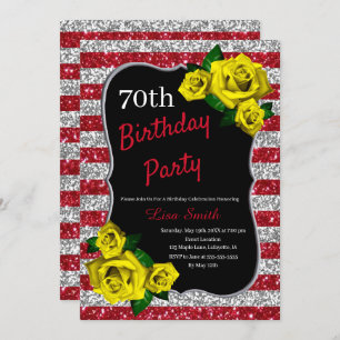Birthday Red Silver Stripes Glitter Yellow Roses Invitation