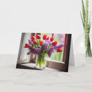 Birthday Red Tulips and Lilac Bouquet Card