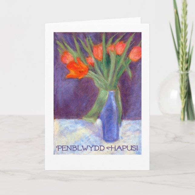 Birthday Red Tulips Card - Welsh Greeting (Front)