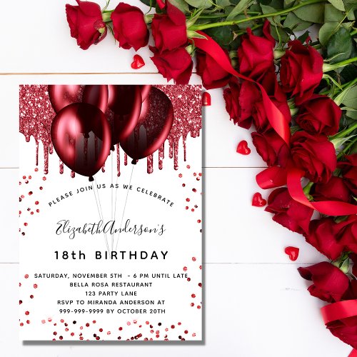 Birthday red white glitter balloons luxury invitation