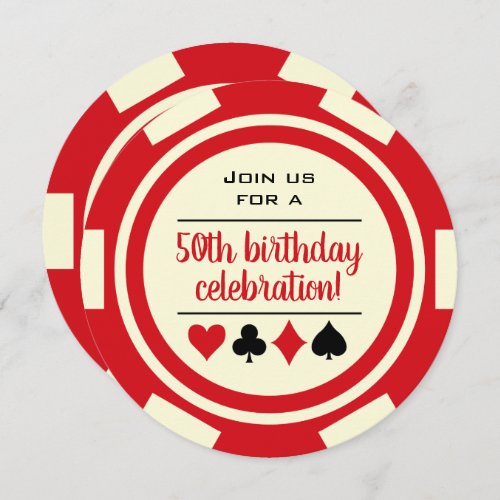 Birthday Red White Poker Chip Casino Las Vegas Invitation