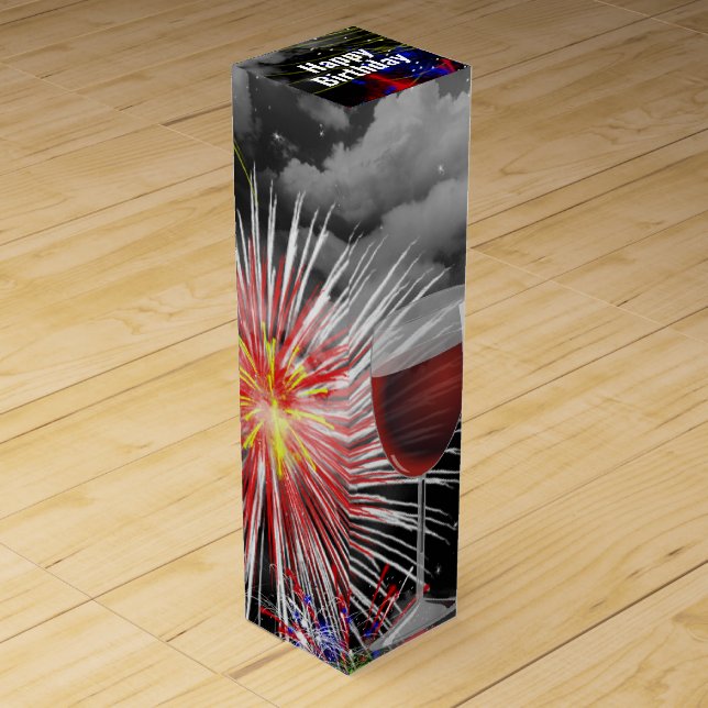 Birthday Red Wine Glass On Fireworks Box (Front)