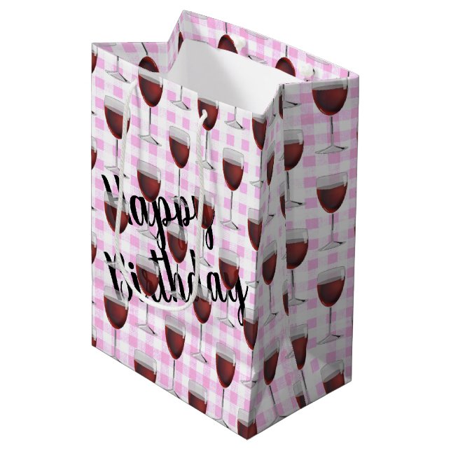 Birthday Red Wine On Pink Gingham Medium Gift Bag (Front Angled)