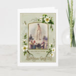 Birthday Religious Our Lady of Fatima VIrgin Mary Card<br><div class="desc">Featuring a beautiful religious custom designed vintage image of the Blessed Virgin Our Lady of Fatima with the three Fatima Children and a vintage BIRTHDAY GREETINGS overlay. Inside is a vintage floral image of two birds with the Rosary. All text and fonts may be modified.</div>