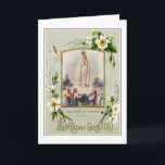 Birthday Religious Our Lady of Fatima VIrgin Mary Card<br><div class="desc">Featuring a beautiful religious custom designed vintage image of the Blessed Virgin Our Lady of Fatima with the three Fatima Children and a vintage BIRTHDAY GREETINGS overlay. Inside is a vintage floral image of two birds with the Rosary. All text and fonts may be modified.</div>