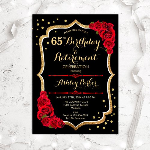 Birthday  Retirement Party _ Black Gold Red Invitation