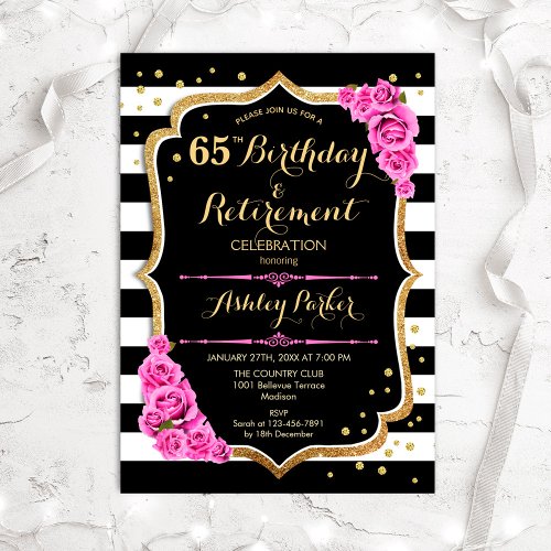 Birthday  Retirement Party _ Black Pink Gold Invitation