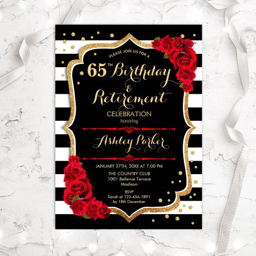 Birthday  Retirement Party _ Black Red Gold Invitation