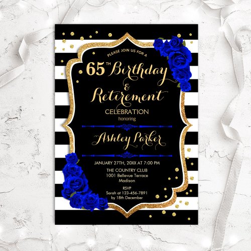 Birthday  Retirement Party Black Royal Blue Gold Invitation