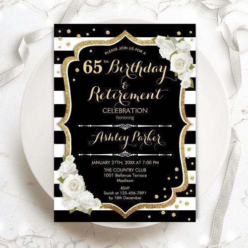 Birthday  Retirement Party _ Black White Gold Invitation