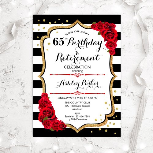 Birthday  Retirement Party _ Black White Red Gold Invitation